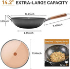 WANGYUANJI Carbon Steel Wok 14.2", Large Nitriding Flat Bottom Stir Fry Pan with Lid, No Chemical Coating Rust Resistant Iron Skillet for Induction Electric Gas Stoves, Big Capacity Serves 6+