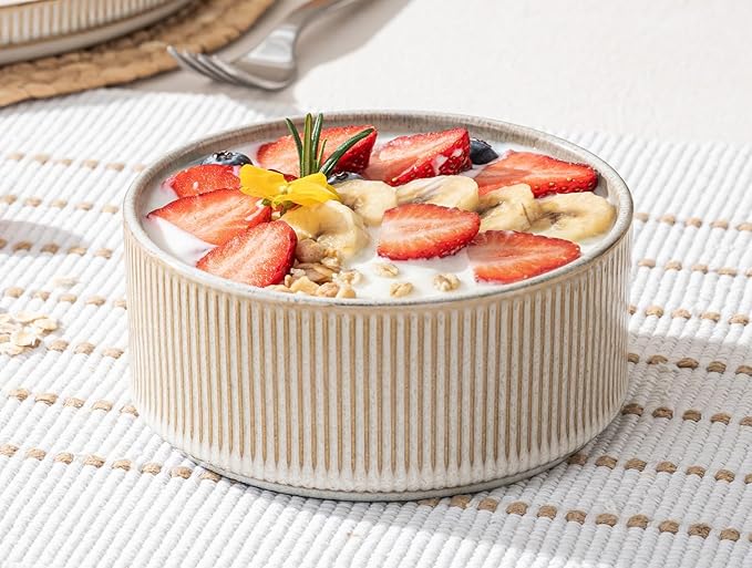 Ceramic Bowl Set of 4-22oz Cereal and Soup Bowls, Microwave and Dishwasher Safe, For Oatmeal, Salad, Pasta, Dessert and Fruit, Beige