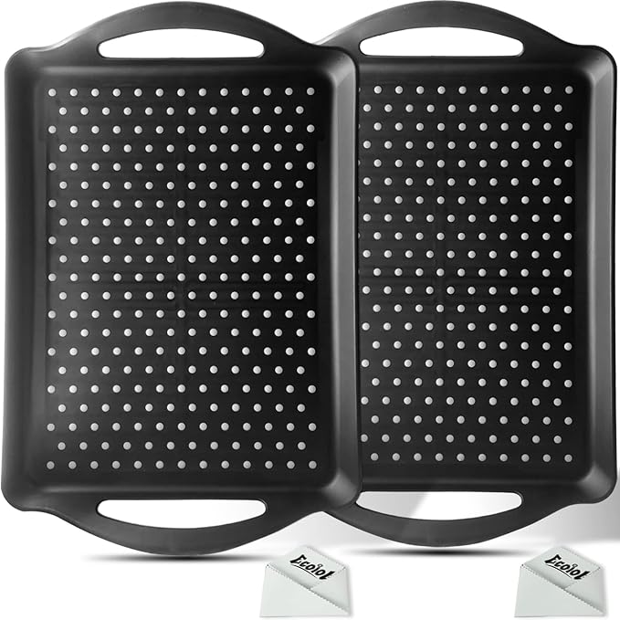 ECOIOU Non Slip Food Serving Tray with Handles, 2-Pack Rectangle Anti-Slip Non-Toxic Dishwasher Safe Tray for Snack Fruit Dessert Breakfast Drink,Black