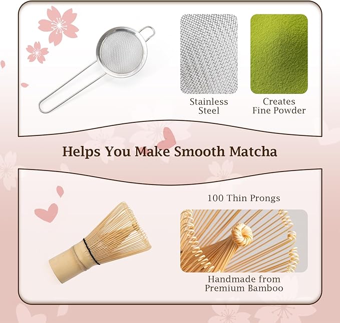 7 Pcs Matcha Kit: Ceramic Matcha Bowl with Spout, Bamboo Whisk And Scoop, Stainless Steel Sifter, Holder, Rest And Tea Towel. Elegant Matcha Whisk Set for Beginners And Gifting