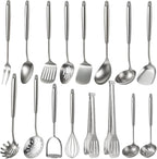 Newness 16 Pcs Cooking Utensils Set, 304 Stainless Steel Kitchen Utensils Set, Metal Kitchen Accessories, Include Soup Ladle, Slotted Skimmer Spoon, Spaghetti Spoon and Spatula, Dishwasher Safe