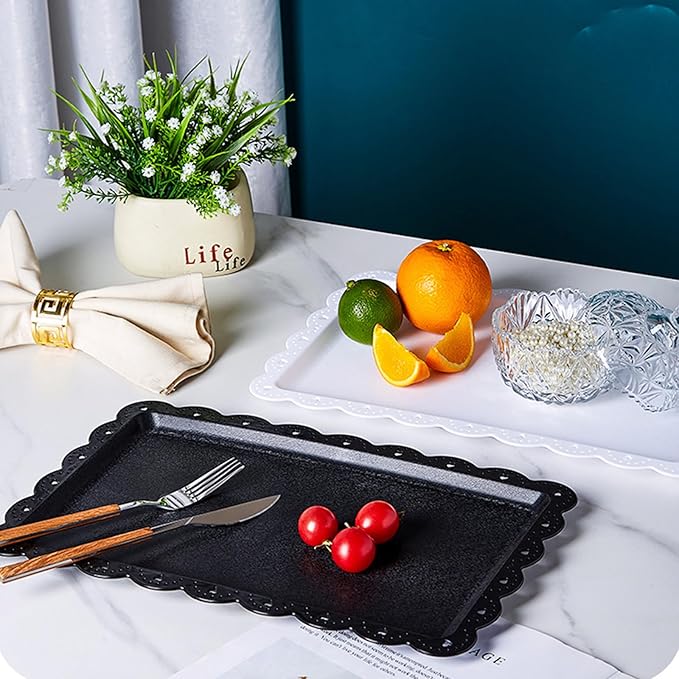 Set of 6 Plastic Serving Trays Food Tray - 14" x 9" Rectangle Serving Platter for Halloween Party Cafeteria Kitchen Restaurant, Small Flat Trays for Dessert Fruit Cookie Snack (6, Black)