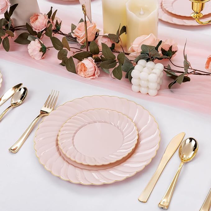 YOUBET 125Pcs Pink Plastic Plates with Gold Rim - Scalloped Plastic Plates Set Includes 25 Dinner, 25 Dessert Plate, 75 Gold Silverware for 25Geusts for Wedding Birthday Baby Shower Mothers Day