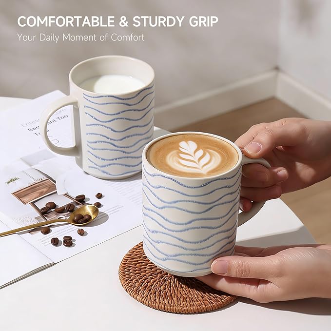 Ceramic Mugs Set of 6, 17oz Coffee Mugs with Handpainted Blue Stripe Pattern, Modern Stackable Coffee Cups, Dishwasher and Microwave Safe Mugs for Coffee, Tea, Milk