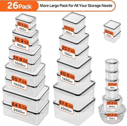 52 PCS Food Storage Container with Lid (26 Lids & 26 Containers) - Airtight Leakproof Plastic Kitchen Organization Set Reusable Microwave/Freezer/Dishwasher Safe Meal Prep Container with Label & Pen