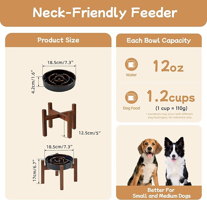 Havniva Ceramic 1.2 Cup Raised Slow Feeder Dog Bowl Set, Elevated Acacia Wood Stand for Medium and Small Dog, 7.3inch Slow Dish, Stop Bloat(Single Bowl+ Stand, Starry Sky)