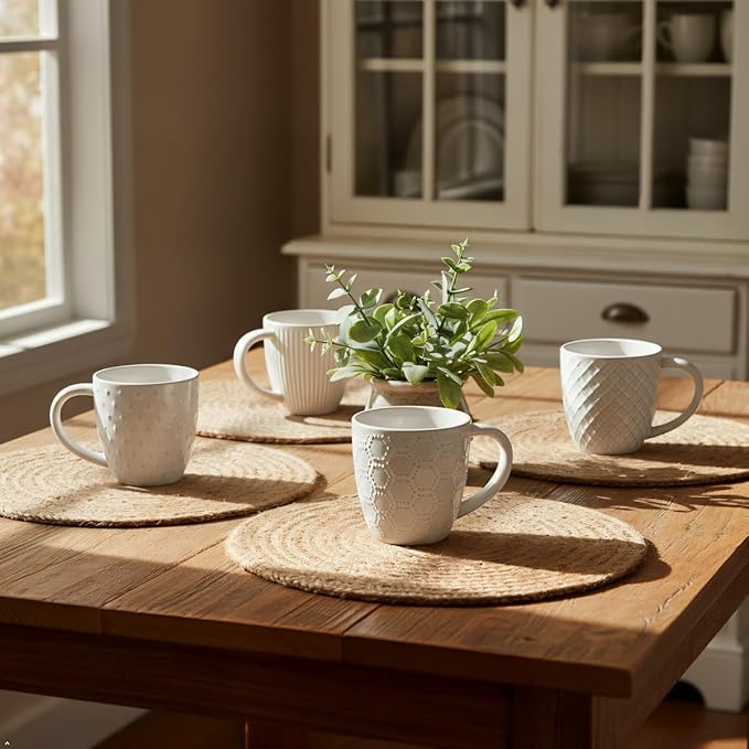 14 oz Embossed Ceramic Coffee Mugs - Set of 6, Artisan Textured Ceramic Coffee Mugs,Lead-Free Microwave & Dishwasher Safe,Coffee Cups for Wedding Housewarming Coffee Lovers