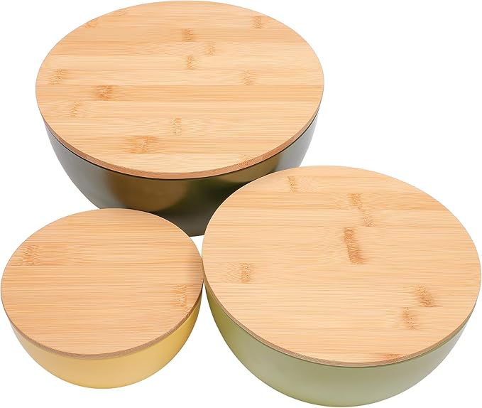 ECOWAY Salad Bowl Set of 3 with Bamboo Lids, Mixing Bowl Set, Nesting Bowls for Space Saving Storage, Made with Durable Eco-Friendly Bamboo Fiber, Great for Prepping and Serving Food (3 Colors)