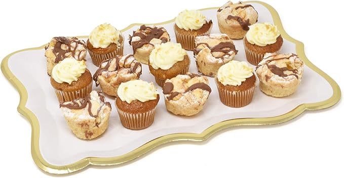 Gift Boutique 10 White Rectangle Trays with Gold Rim Border for Dessert Display Table Parties 9" X 13" Disposable Paper Cardboard in Elegant Shape for Platters Cupcake Display Birthday Party Weddings