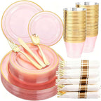 WELLIFE 210Pcs Clear-Pink Plastic Dinnerware- Pink and Gold Plastic Dinnerware include 30 Dinner Plates, 30 Dessert Plates, 90 Gold Silverware, 30 Cups and 30 Napkins Perfect for Parties
