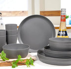 EI 24pcs Wheat Straw Dinnerware Set,Dark Grey Plates and Bowls Sets,Unbreakable Dinner Plates,Reuasble Plastic Plate,Microwave Dishwasher Safe for Camping,Picninc,Family Dinner