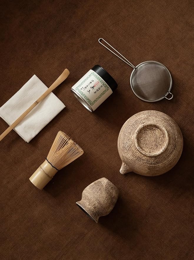 6-pcs Japanese Matcha Whisk Set, Handmade Ceramic Matcha Set with Bowl(Chawan),Bamboo Whisk(Chasen) and Holder, Scoop, Sifter & Tea Towel,Matcha Kit for Ceremony (Stone Vein)