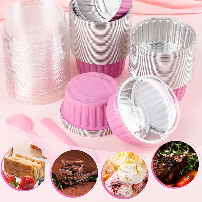 60Pcs Mini Loaf Pans with Lids and Spoons, Aluminum Foil Baking Pans, Round Mini Cake Pan, Brownie Baking Cups for Picnics Party (Pink)