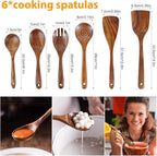 6Pcs Wooden Cooking Utensils Set with Hanging Hole Teak Utensils Set for Cooking Nonstick Wood Spoons Spatulas Comfortable Grip Colander Set for Kitchen