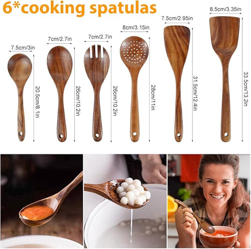 6Pcs Wooden Cooking Utensils Set with Hanging Hole Teak Utensils Set for Cooking Nonstick Wood Spoons Spatulas Comfortable Grip Colander Set for Kitchen
