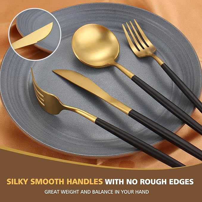 Matte Black Gold Silverware Set, Oliviola 20-Piece Stainless Steel Flatware Cutlery Set Service for 4, Satin Finish Kitchen Utensil Set, Dishwasher Safe