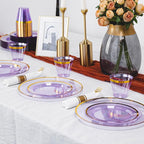 N9R 350PCS Purple Plastic Dinnerware Set for 50 Guests, Gold Disposable Plates for Party, Include: 100 Plastic Plates, 50 Pre Rolled Napkins with Silverware and 50 Cups
