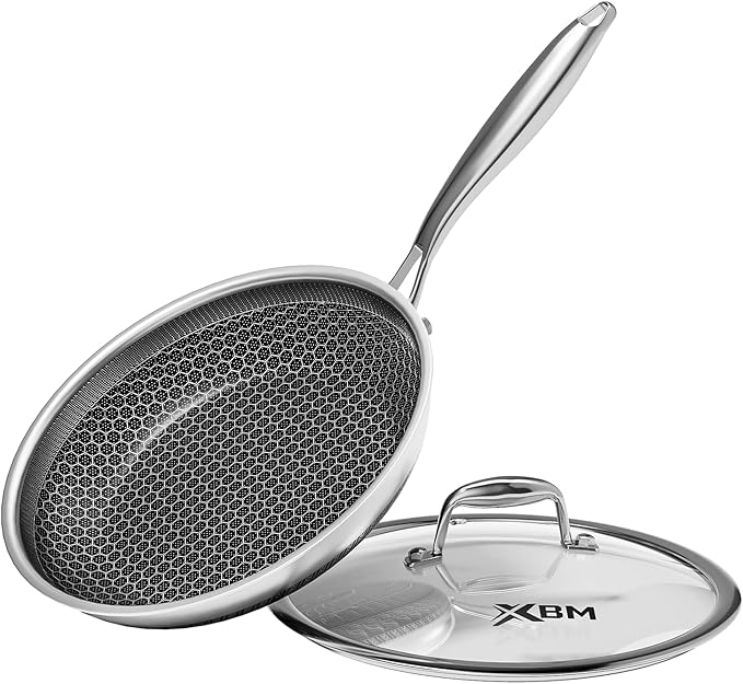 Honeycomb Stainless Steel Nonstick Frying Pan with Lid 8 Inch, Induction Cooktop Compatible Skillet, PFOA-Free Scratch-Proof, Dishwasher & Oven Safe, Stay-Cool Handle, Silver Kitchen Cookware