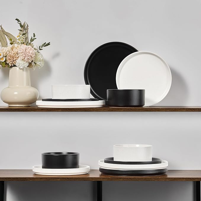 E-far 12-Piece Plates and Bowls Sets, Stoneware Dinnerware Dishes Sets for 4, Chip & Scratch Resistant Ribbed Dish Set for Home Restaurant, Microwave & Dishwasher Safe Speckled White & Matte Black
