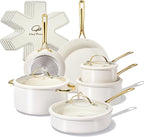 Chef Power Ceramic Cookware Sets, 15Pcs Pots and Pans Set Non Stick, Cookware Set with Stainless Steel Handle, Dishwasher & Oven Safe, Cream White and Light Gold Handle