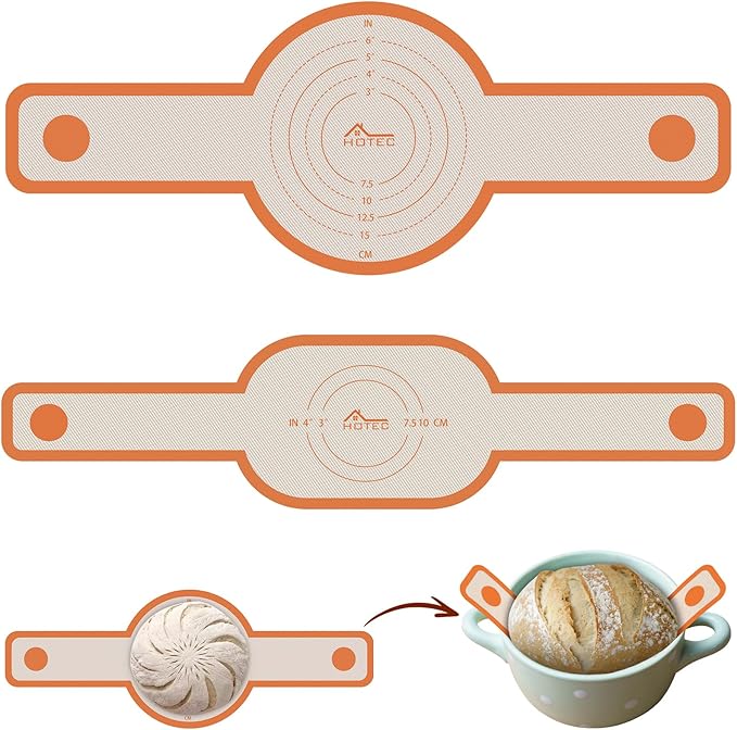 HOTEC Silicone Bread Sling for Dutch Oven - 2 Pack Non-Stick Baking Mat with Long Handle Easy to Transfer Sourdough Bread, Reusable Heat Resistant to 500°F/260°C Dutch Oven Liners Baking Supplies
