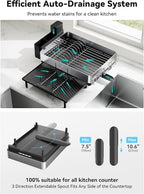 SUNLY Large Dish Drying Rack, Expandable Dish Racks for Kitchen Counter, Space Saving 304 Stainless Steel Drying Rack Kitchen, Extra Large Drainer with Multifunctional Flip Up Pegs, Black