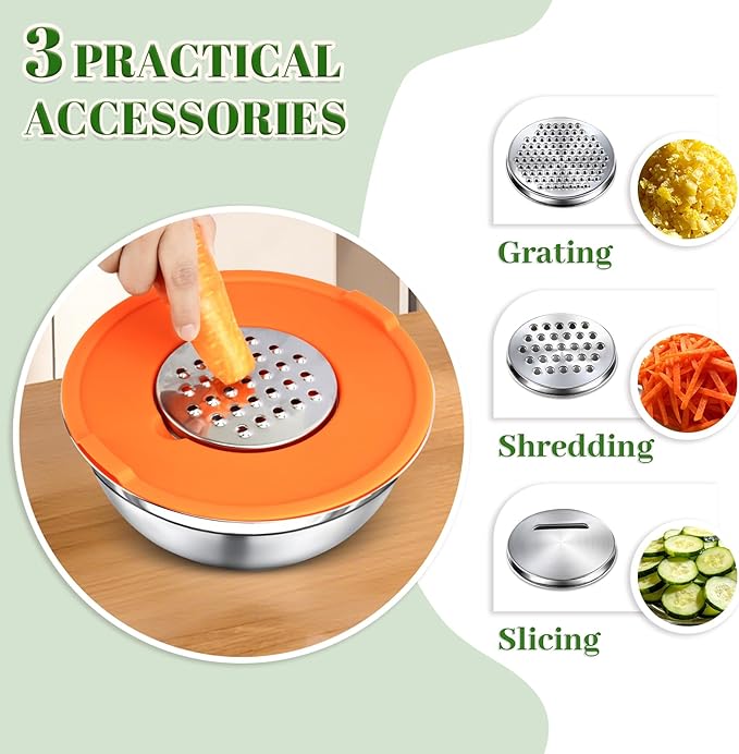Mixing Bowls with Lids Set - 5 Nesting Mixing Bowls, 3 Grater Attachments, Airtight Lids, Stainless Steel Mixing Bowls for Mixing & Serving, Size 1.5/2.1/3.5/4/4.5 QT, Colorful