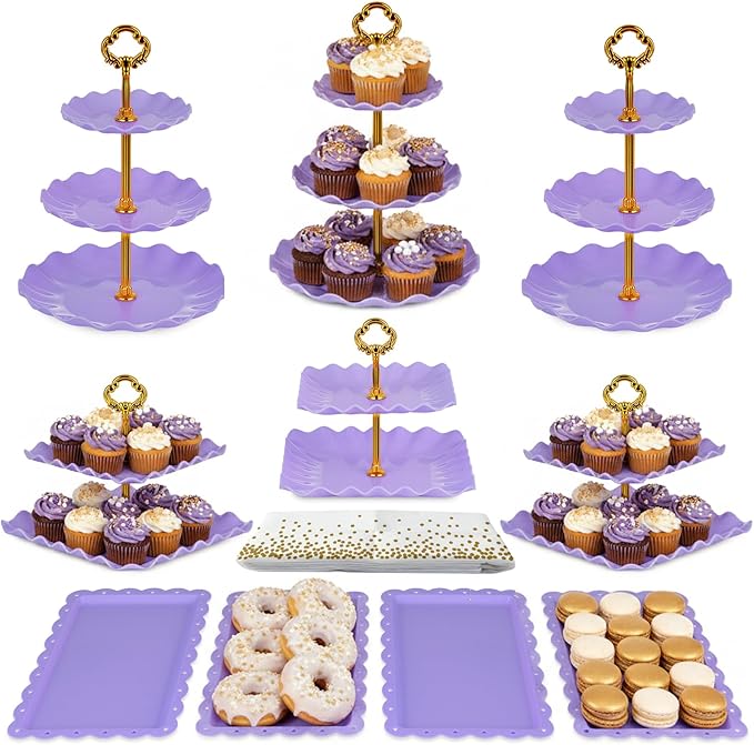 Pack of 10 NWK Cake Stand Set, with 3 x Two-Tier and 3 x Three-Tier Cupcake Stands, 4 x Appetizer Trays, 1 x Tablecloth for Birthday Bridal Baby Shower Party (Purple)
