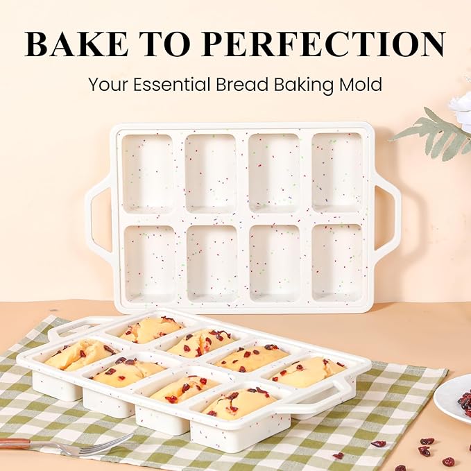 FUNBAKY Metal Reinforced Silicone Mini Loaf Pan, 8-Cavity Nonstick Mini Bread Pans for Baking Bread, Cakes, Brownies, Meatloaf, Jellies Oven Dishwasher Safe