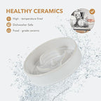 Havniva Ceramic 0.9 Cup Raised Slow Feeder Dog Bowl Set, Elevated 6.1inch Water Bowl and 6.1inch Slow Dish with Acacia Wood Stand for Small Dogs (2 x Reactived Glaze -White+ Stand)
