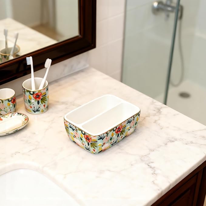 2 Compartments Ceramic Sponge Holder for Kitchen Sink, Cute Floral Countertop Dish Sponges Holder Soap Sink Organizer Farmhouse Caddy (Mint Green)