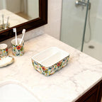2 Compartments Ceramic Sponge Holder for Kitchen Sink, Cute Floral Pattern Countertop Dish Sponges Holder Soap Sink Organizer Caddy Farmhouse Home Kitchen Decor Mint Flowers