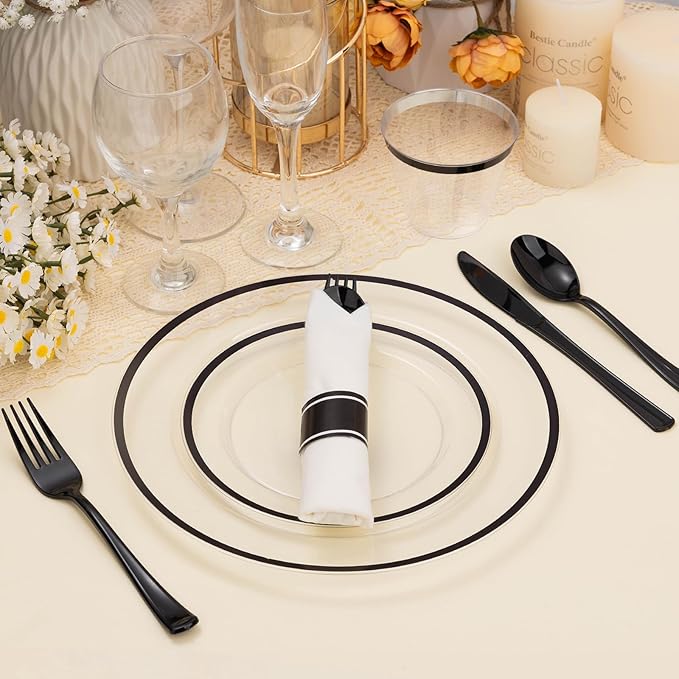 BESTSTAR 350PCS Clear and Black Disposable Plates Set for 50 Guests, 100 Plastic Plates, 50 Plastic Cups, 50 Pre-Rolled Napkins with Cutlery for Graduation Party, Thanksgiving, Birthday, Halloween
