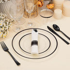 BESTSTAR 175PCS Clear and Black Disposable Plates Set for 25 Guests, 50 Plastic Plates, 25 Cups, 25 Pre-Rolled Napkins with Plastic Cutlery for Party, Birthday, Wedding, Thanksgiving, Christmas