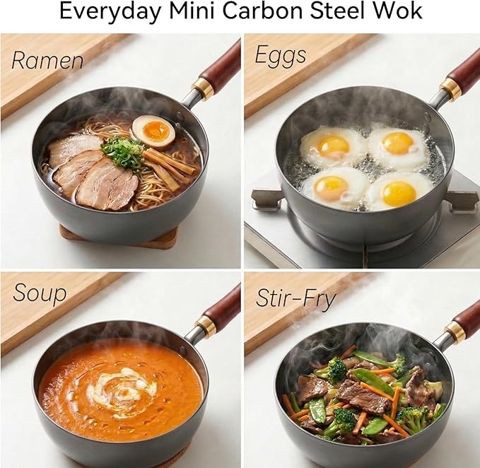 Carbon Steel Wok Pan with Wooden Lid, 7.8-Inch (1.6QT) Small Wok, Cold-Forged Flat Bottom Stir Fry Pan, Coating-Free, Induction Ready, for Eggs, Ramen, Soup & Oatmeal
