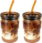 Zukro 13 oz Glass Iced Coffee Cups with Lid and Straw, Leak Proof Glass Tumbler for Ice Tea, Water, Non-Slip Silicone Bottom, Thick Wall Drinking Glasses for Home/Office, BPA Free, Amber 2 Pack