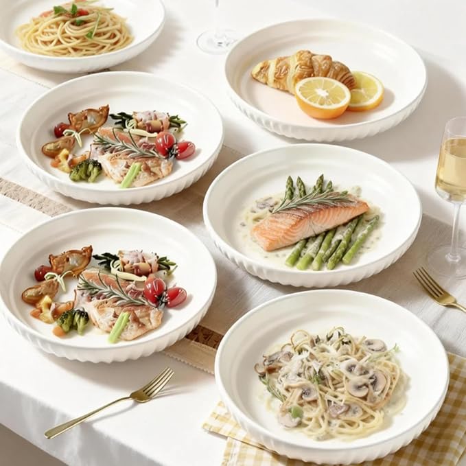 8 Inch Ceramic Pasta Bowls 6 Pack, 32 Oz White Serving Bowls - Microwave, Dishwasher & Oven Safe, Shallow Soup Bowls for Salad, Pasta, Cereal