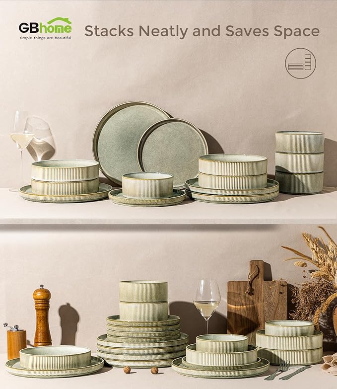 GBHOME 24-Piece Stoneware Dinnerware Set for 8 – Ribbed Ceramic Plates and Bowls, Scratch-Resistant, Microwave & Dishwasher Safe, Reactive Glaze, Desert Sage