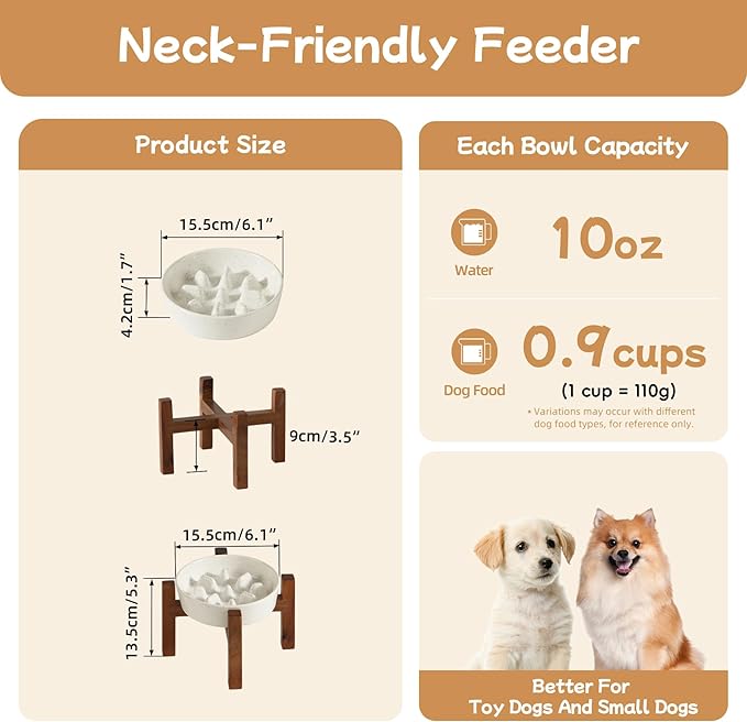 Havniva Ceramic 0.9 Cup Raised Slow Feeder Dog Bowl Set, Elevated Bowl with Acacia Wood Stand for Small Dog and Cat, 6.1inch Slow Dog Food Dish, Helps Stop Bloat(1 Bowl & Stand, Vanilla White)