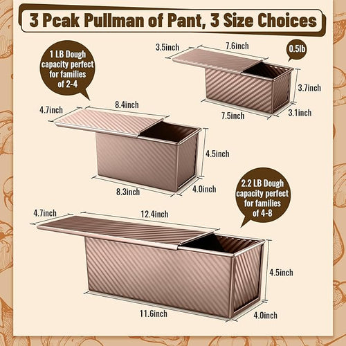 3 Pack Pullman Loaf Pans with Lids, 2.2LB 1LB 0.5LB Bread Pans, Non-stick Carbon Steel Bread Pans for Homemade Sandwich and Baking Sourdough Bread, Corrugated Toast Mold, Golden