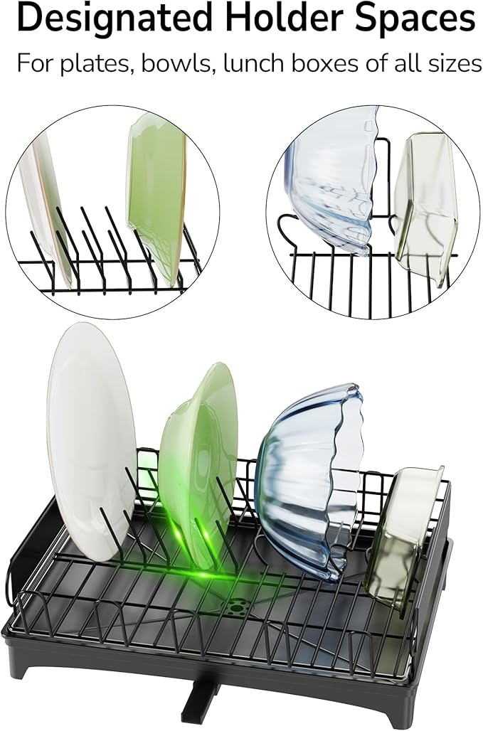 ULG Dish Drying Rack with Drainboard, Dish Rack for Kitchen Counter, Rustproof Dish Drainer with Detachable Utensil Holder, Adjustable Swivel Spout Dish Strainers, Black
