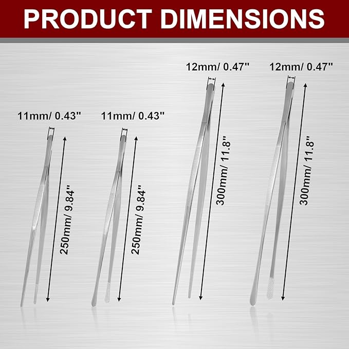 12 Inch & 10 Inch Fine Long Tweezers Tongs Stainless Steel, Silver Professional Kitchen Tweezers Tongs for Cooking, BBQ, Plating, Repairing (Pack of 4)