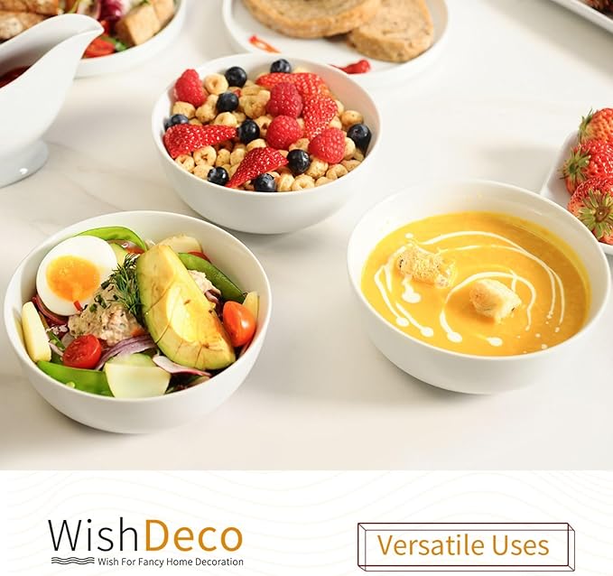 WishDeco Cereal Bowls Set of 4, White Soup Bowls 20 oz, Ceramic Breakfast Bowl 6 Inch, Kitchen Bowl for Salad, Pasta, Ramen, Oatmeal, Noodle, Rice, Microwave and Dishwasher Safe