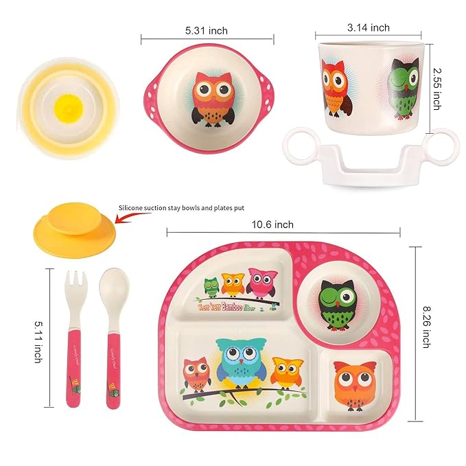 shopwithgreen 7Pcs/Set Bamboo Kids Dinnerware Set - Children Dishes - Food Plate Bowl Cup Spoon Fork Set Dishware, Cartoon Tableware, Dishwasher Safe Kids Healthy Mealtime, BPA Free