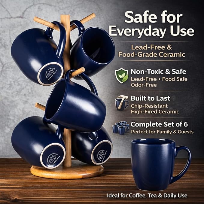 GBhome 12oz Coffee Mugs Set of 6, Large Ceramic Coffee Mugs for Man, Woman, Dad, Mom, Modern Coffee Mugs Set with handle for Tea/Latte/Cappuccino/Milk/Cocoa. Dishwasher&Microwave Safe,Navy Blue