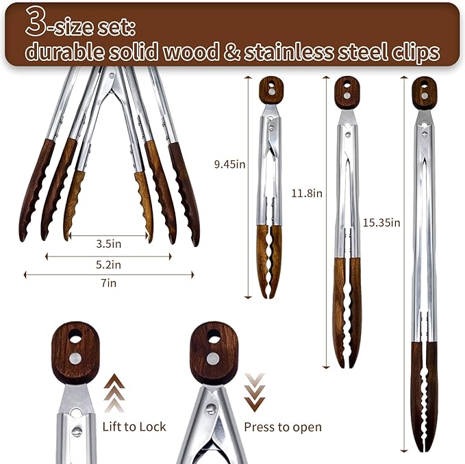Wooden Tongs for Cooking & Serving Food, Anti-Slip Long Handle Wooden Kitchen Tongs Heat Resistant, Stainless Steel Salad Tongs with Walnut Wood Tip, Locking & Hanging Cooking Utensils Set