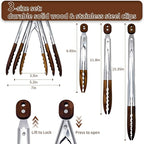 Wooden Tongs for Cooking & Serving Food, Anti-Slip Long Handle Wooden Kitchen Tongs Heat Resistant, Stainless Steel Salad Tongs with Walnut Wood Tip, Locking & Hanging Cooking Utensils Set