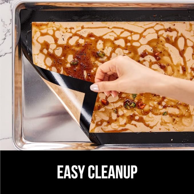 GORILLA GRIP Food Grade Reusable Nonstick Silicone Baking Mat, 16.5x11.87, Half Sheet, Oven Safe Cookie Sheet Liners, Up to 500 Degrees, No Mess Easy Clean Pastry Mats, Kitchen Essentials, 2PK, Black