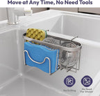 SWTYMIKI Sponge Holder for Kitchen Sink - Movable Kitchen Sink Caddy with M Hook Stainless Steel Hanging Sponges Caddy Organizer in Double Bowl Sinks Depth>3.15in, Middle Divider<1.5in, Sand Nickel L