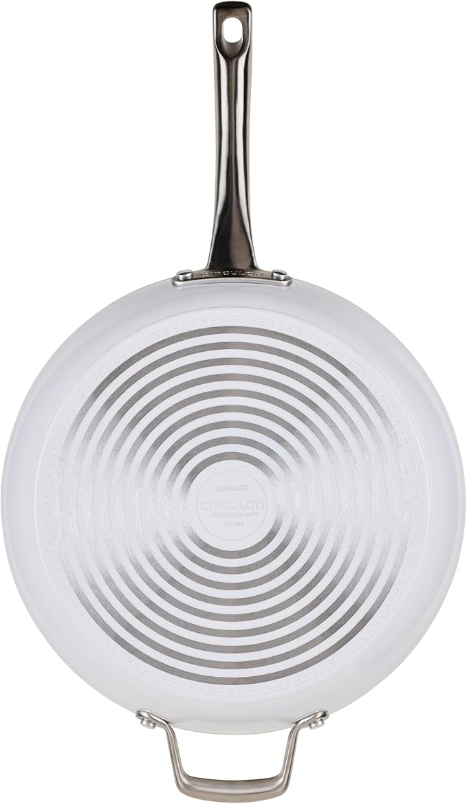 Circulon Halo with LaserDefense Ceramic Nonstick Frying Pan with Helper Handle and Lid, Made without PFAS, Compatible with All Stovetops, Dishwasher and Oven Safe, 12 Inch Skillet - Pearl White